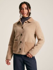 Joules Sadie Tan Brown Button Up Borg Fleece Jacket - Image 3 of 7