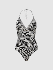 Reiss Black/White Gia Halter Neck Zebra Print Swimsuit - Image 2 of 6