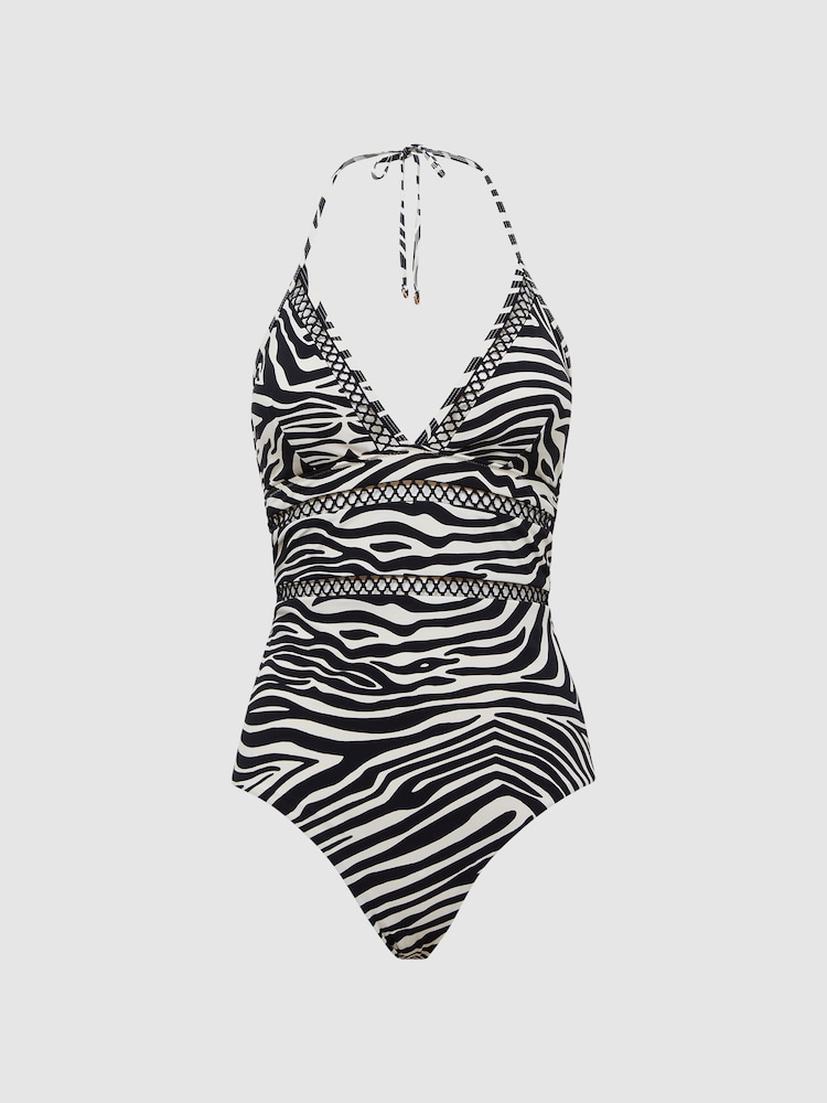 Reiss Black/White Gia Halter Neck Zebra Print Swimsuit - Image 2 of 6