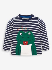 JoJo Maman Bébé Navy Ecru Stripe Kids' Navy Stripe Frog Appliqué Top - Image 1 of 3