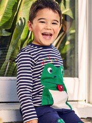 JoJo Maman Bébé Navy Ecru Stripe Kids' Navy Stripe Frog Appliqué Top - Image 3 of 3