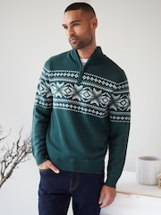 Threadbare Green Quarter Zip Christmas Knitted Jumper - Image 1 of 4