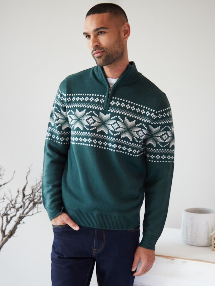 Threadbare Green Quarter Zip Christmas Knitted Jumper - Image 1 of 4