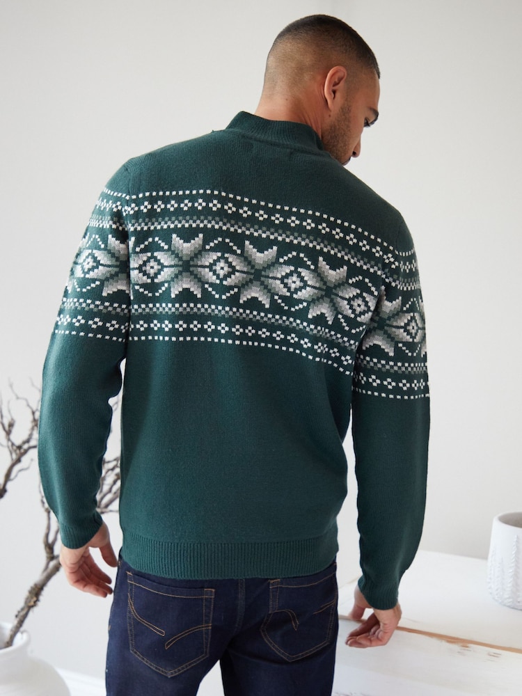 Threadbare Green Quarter Zip Christmas Knitted Jumper - Image 2 of 4