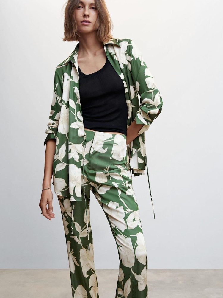 Mango Green Flared Floral Print Trousers - Image 1 of 6