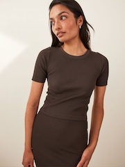 Chocolate Brown Slim Fit Ribbed Short Sleeve Top - Image 1 of 6