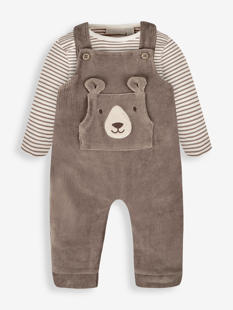 JoJo Maman Bébé Fawn Brown Bear 2-Piece Velour Appliqué Dungaree & Top Set - Image 1 of 6