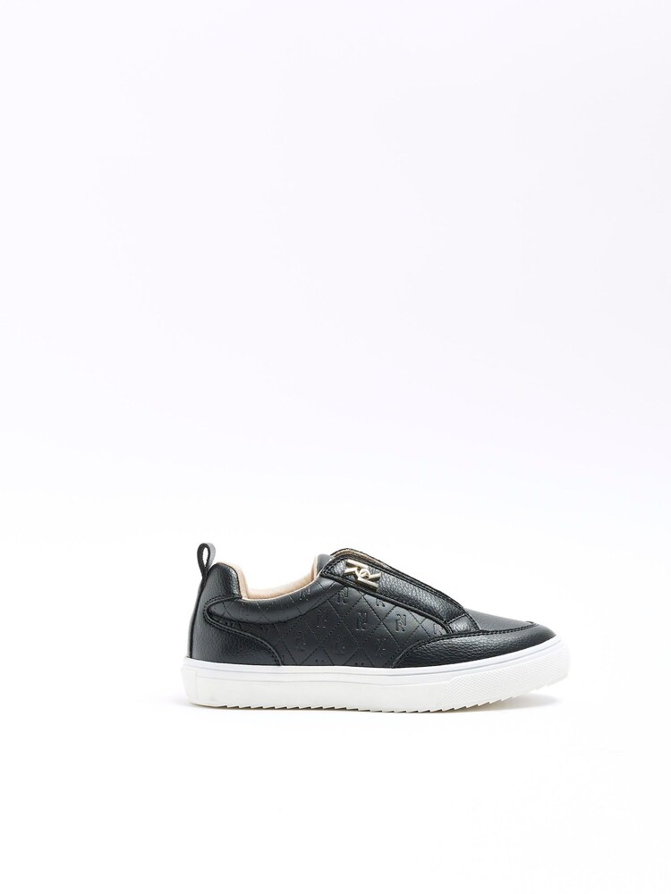 River Island Black Girls Wide Fit Monogram Slip On Plimsoll Trainers - Image 1 of 4
