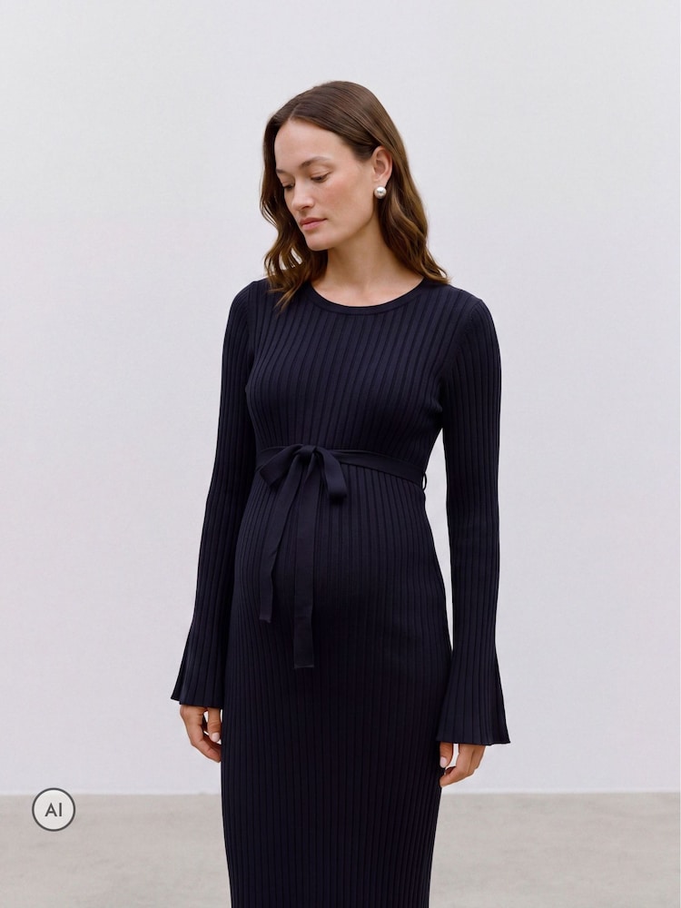 Mamalicious Blue Maternity Long Sleeve Knitted Midi Dress - Image 2 of 5 Mamalicious Blue Maternity Long Sleeve Knitted Midi Dress - Image 2 of 5