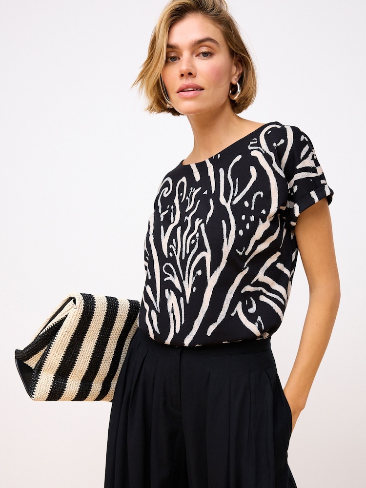 Black White Swirl Print Cap Sleeve T-Shirt Top - Image 1 of 7