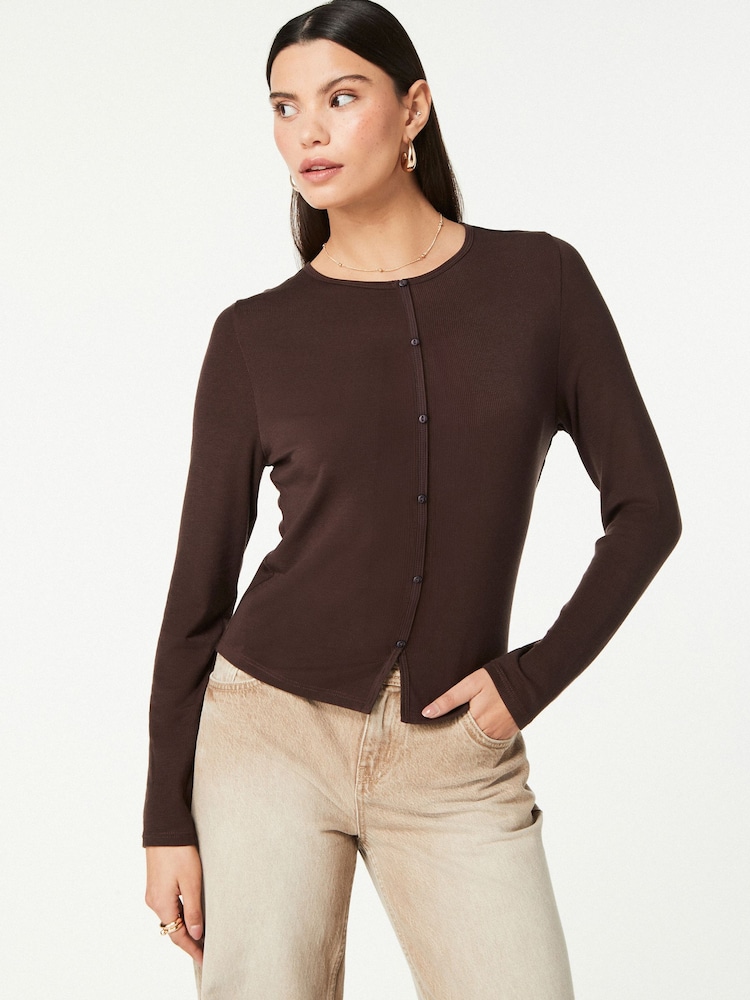 Chocolate Brown Soft Touch Ribbed Cardigan with TENCEL™ Lyocell - Image 1 of 5 Chocolate Brown Soft Touch Ribbed Cardigan with TENCEL™ Lyocell - Image 1 of 5