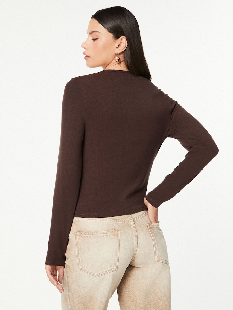 Chocolate Brown Soft Touch Ribbed Cardigan with TENCEL™ Lyocell - Image 2 of 5 Chocolate Brown Soft Touch Ribbed Cardigan with TENCEL™ Lyocell - Image 2 of 5