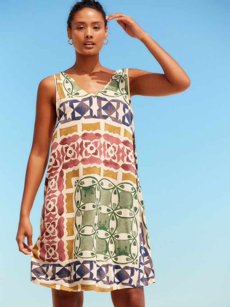 Print Sleeveless Slouch V-Neck Mini Dress - Image 1 of 4