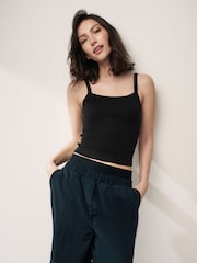 Black Ribbed Square Neck Strappy Cami Top - Image 1 of 6