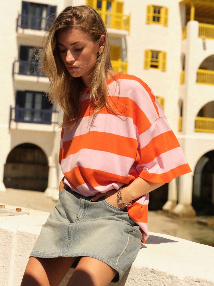 Orange/Pink Relaxed Fit Heavyweight Longline Crew Neck 100% Cotton T-Shirt - Image 2 of 6