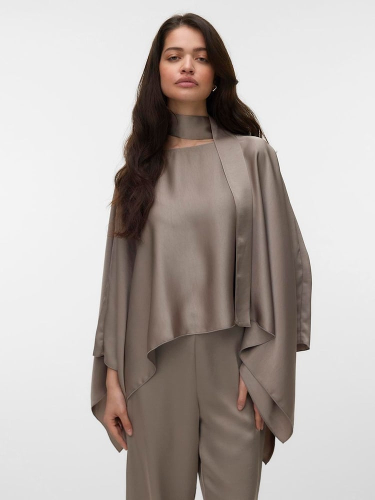 VERO MODA Grey Long Sleeve Satin Cape Scarf Top - Image 1 of 5 VERO MODA Grey Long Sleeve Satin Cape Scarf Top - Image 1 of 5