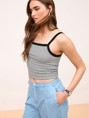 Black/White Stripe Ribbed Square Neck Strappy Cami Top - Image 1 of 6