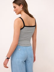 Black/White Stripe Ribbed Square Neck Strappy Cami Top - Image 3 of 6