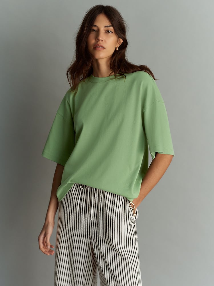 Matcha Green Oversized Relaxed Fit Boxy Heavyweight Crew Neck T-Shirt - Image 1 of 7