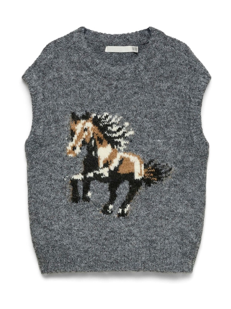 VERO MODA Grey Sleeveless Round Neck Horse Knitted Vest - Image 6 of 6 VERO MODA Grey Sleeveless Round Neck Horse Knitted Vest - Image 6 of 6