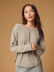 Khaki Green Linen Look Cotton Rich Slub Raw Edge Long Sleeve Top - Image 1 of 7