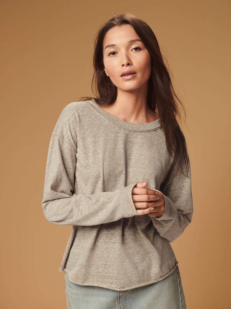 Khaki Green Linen Look Cotton Rich Slub Raw Edge Long Sleeve Top - Image 1 of 7