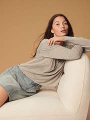 Khaki Green Linen Look Cotton Rich Slub Raw Edge Long Sleeve Top - Image 4 of 7