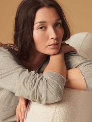 Khaki Green Linen Look Cotton Rich Slub Raw Edge Long Sleeve Top - Image 5 of 7