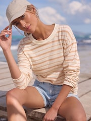 Ecru Marl Linen Look Cotton Rich Slub Raw Edge Long Sleeve Top - Image 2 of 6