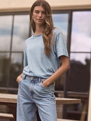 Light Baby Blue Slim Fit Premium 100% Linen Crew Neck Short Sleeve T-Shirt - Image 1 of 6