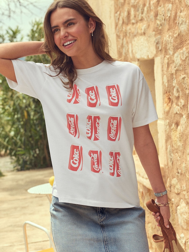 White 100% Cotton Coca Cola Licence Relaxed Can Graphic T-Shirt - Image 1 of 5