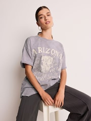 Grey/Purple 100% Cotton Arizona Western Cowboy Graphic Slogan Bleached T-Shirt - Image 1 of 5