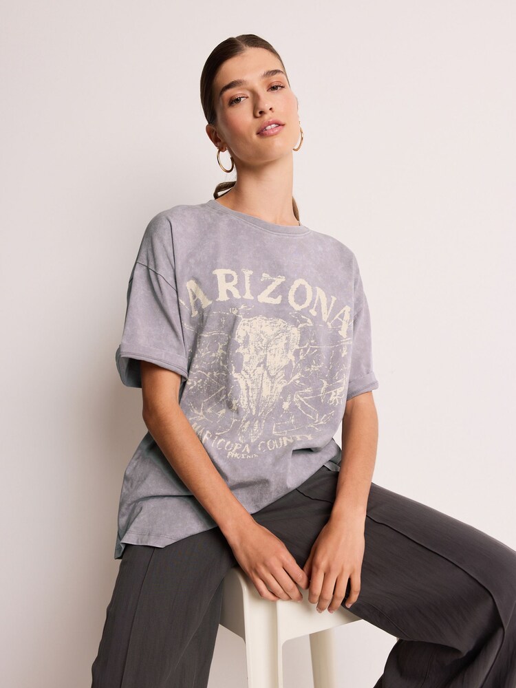 Grey/Purple 100% Cotton Arizona Western Cowboy Graphic Slogan Bleached T-Shirt - Image 1 of 5