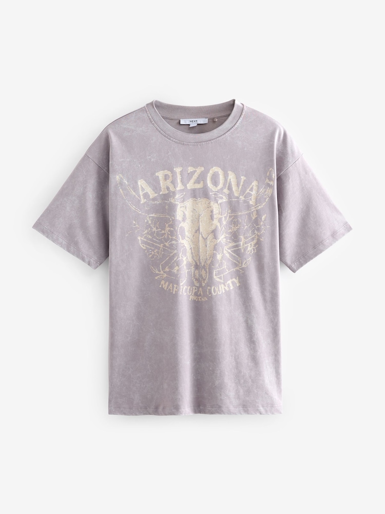 Grey/Purple 100% Cotton Arizona Western Cowboy Graphic Slogan Bleached T-Shirt - Image 4 of 5