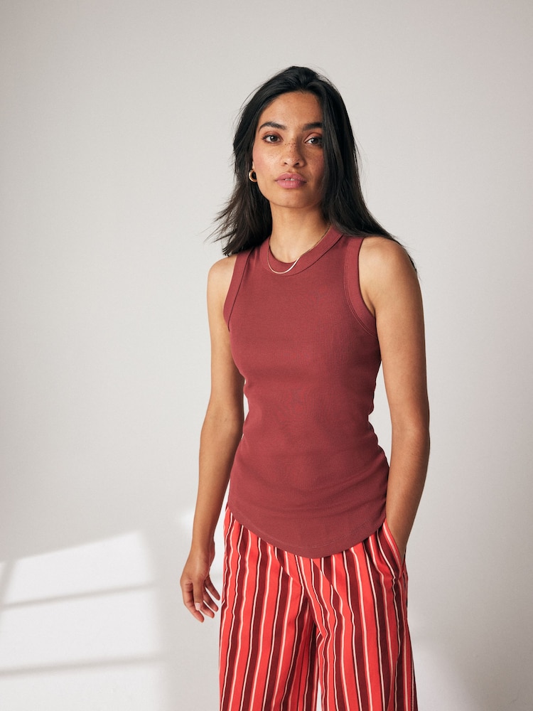 Red Ribbed Racer Tank Vest Sleeveless Top - Image 1 of 6