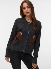 VERO MODA Grey Long Sleeve Polo Neck Horse Cardigan - Image 1 of 4