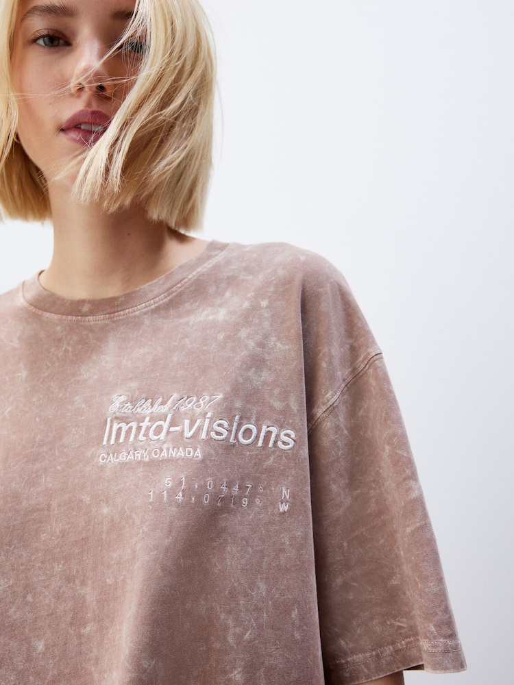Rose Pink Acid Wash Longline Graphic Slogan 100% Cotton T-Shirt - Image 1 of 5