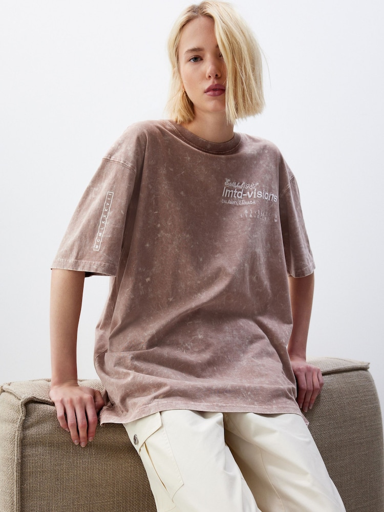 Rose Pink Acid Wash Longline Graphic Slogan 100% Cotton T-Shirt - Image 2 of 5