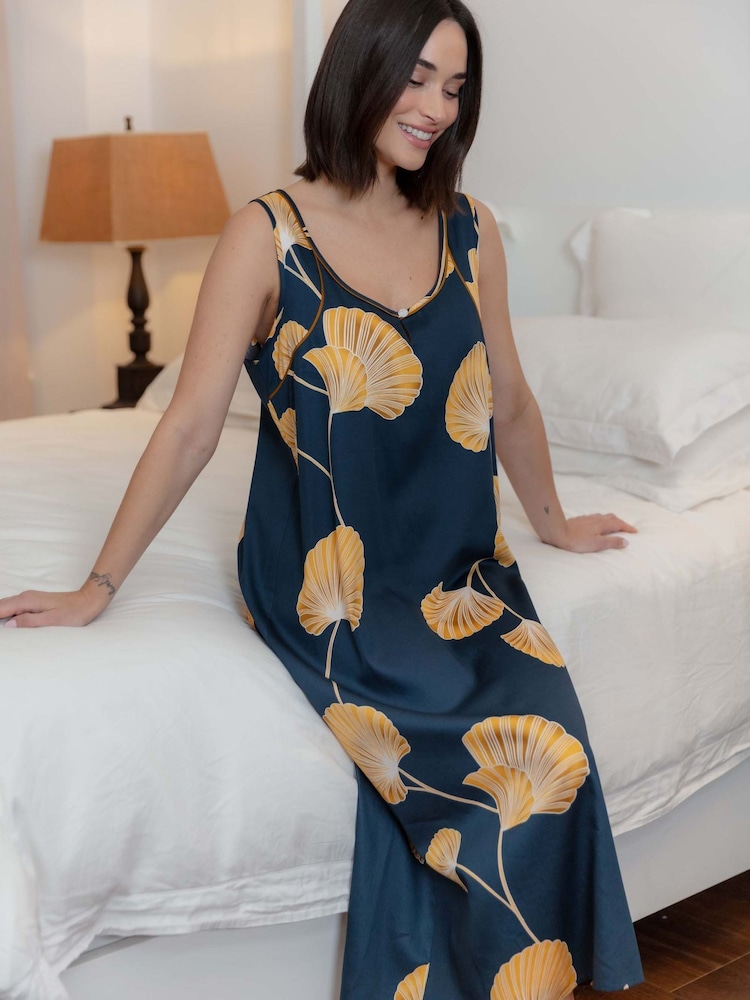Fable and Eve Blue Leaf Print Long Nightdress - Image 1 of 4 Fable and Eve Blue Leaf Print Long Nightdress - Image 1 of 4