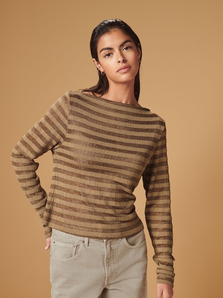 Neutrale Farbe - Strukturiertes Langarm-Top mit geschlitztem Ausschnitt - Bild 1 von 6 Neutrale Farbe - Strukturiertes Langarm-Top mit geschlitztem Ausschnitt - Bild 1 von 6