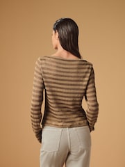 Neutral Textured Long Sleeve Slash Neck Top - Image 3 of 6