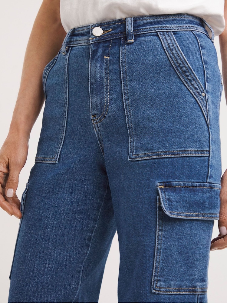 JD Williams Mid Blue Wash Cargo Jeans - Image 4 of 4