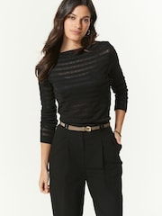 Black Textured Long Sleeve Slash Neck Top - Image 1 of 6