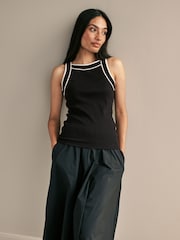 Black Stretch Ribbed Contrast Trim Sleeveless Vest Top - Image 1 of 6