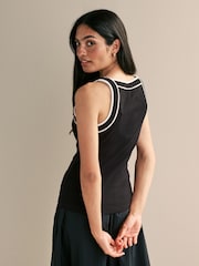 Black Stretch Ribbed Contrast Trim Sleeveless Vest Top - Image 3 of 6