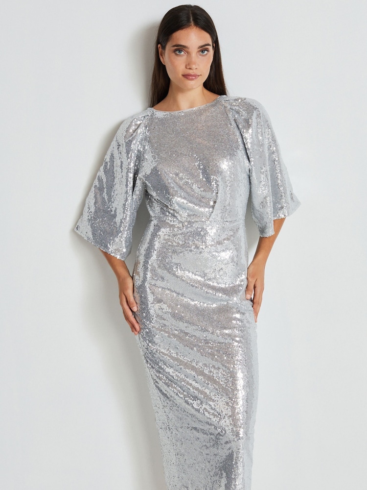 Silver Sequin Batwing Midi Dress - Image 1 of 9