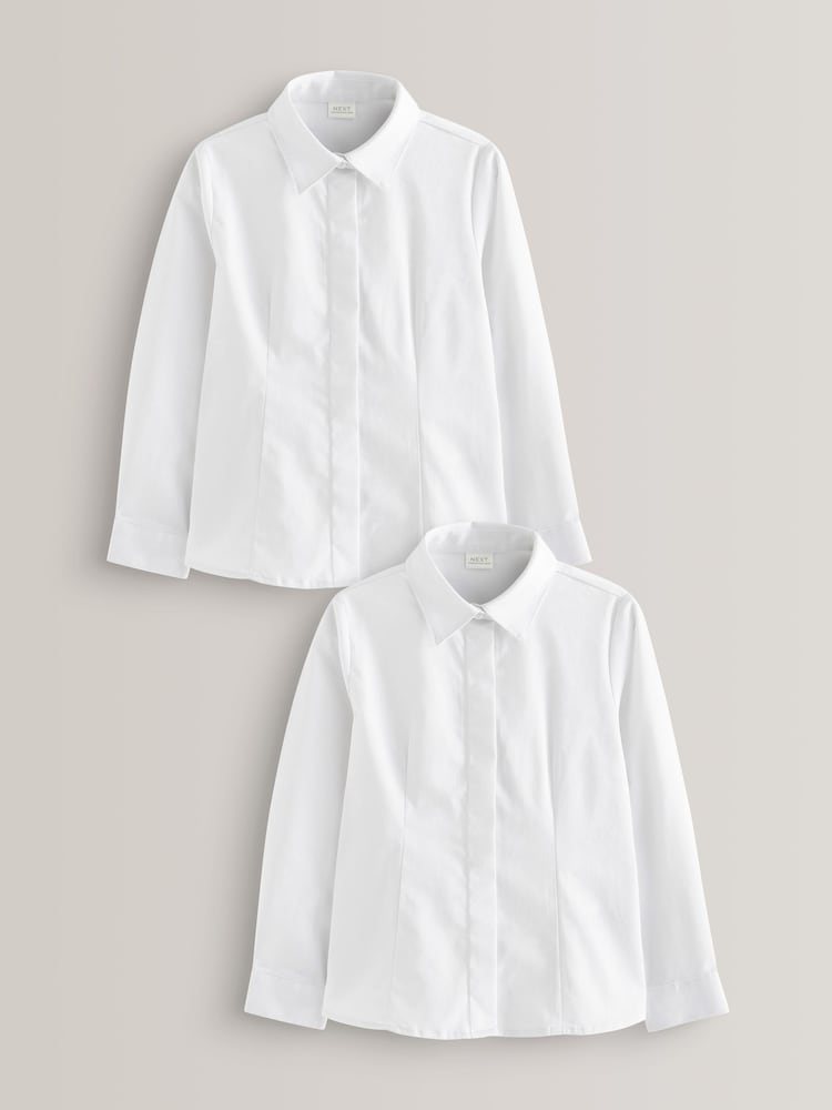 White 2 Pack Fitted Long Sleeve Cotton Rich Stretch Premium School Shirts (3-18yrs) - Image 1 of 12