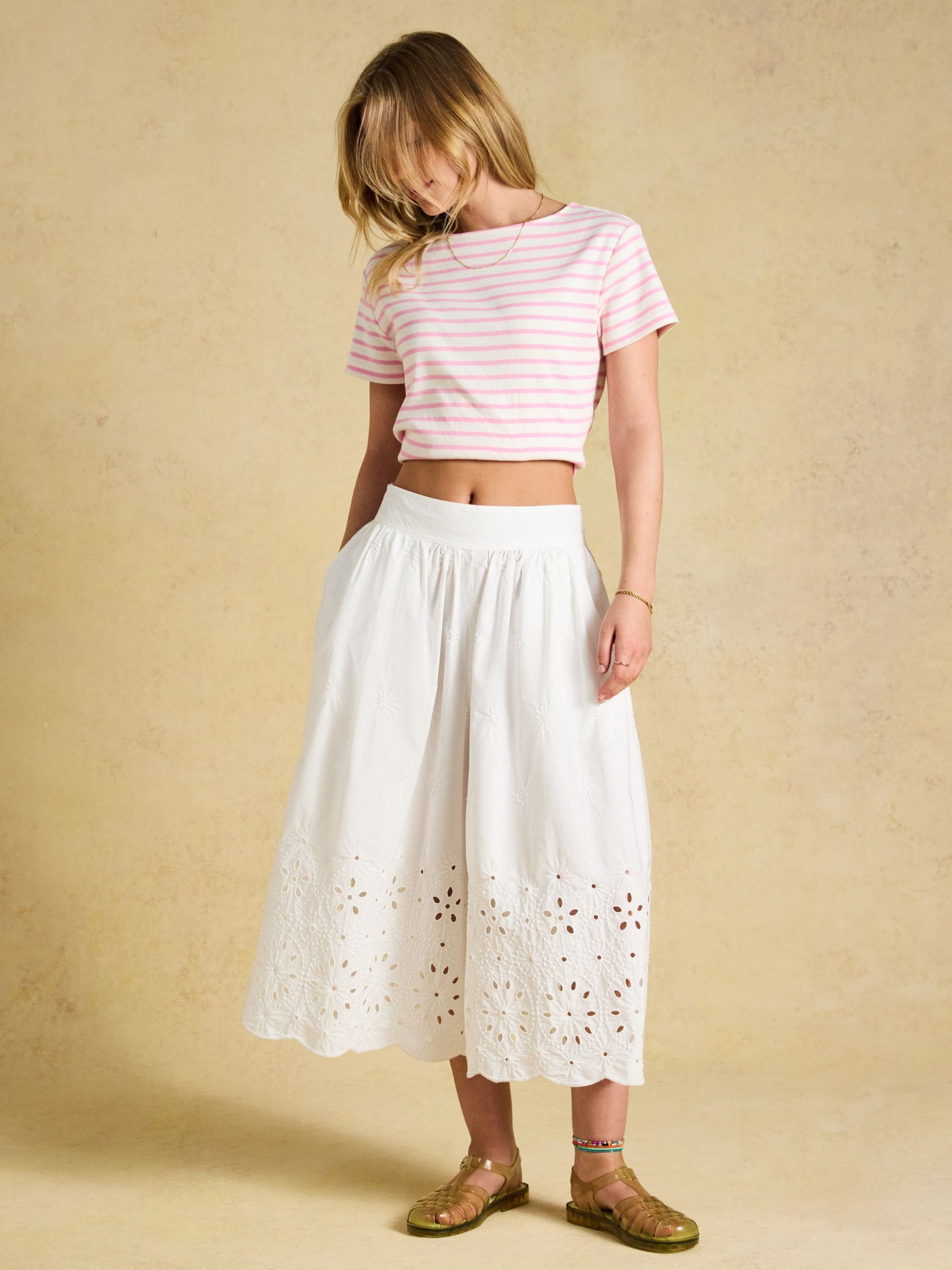 Buy Harbour Cream & Pink Striped Short Sleeve Boat Neck Cotton