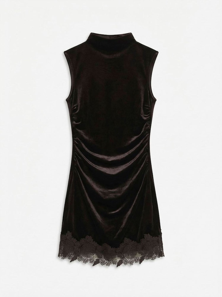 VERO MODA Brown Sleeveless Lace Trim Velvet Mini Dress - Image 5 of 5 VERO MODA Brown Sleeveless Lace Trim Velvet Mini Dress - Image 5 of 5