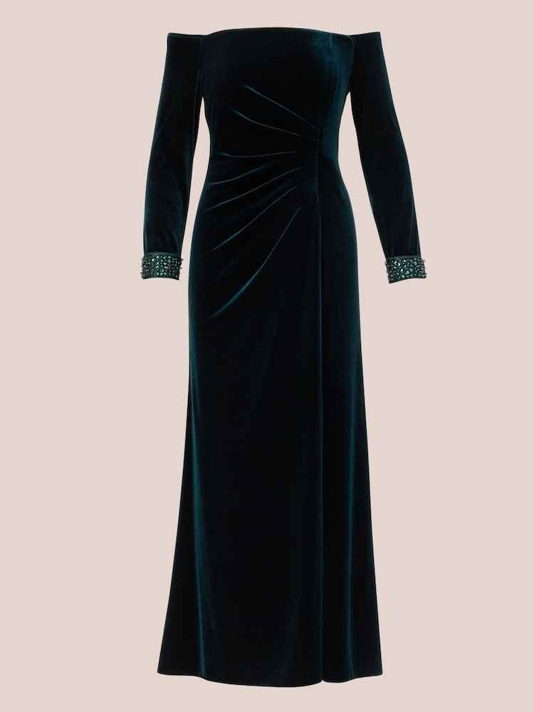 Adrianna Papell Green Velvet Off The Shoulder Gown - Image 6 of 7